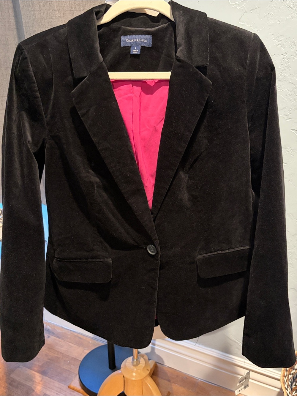 NWT Charter Club Black Velvet Single Button Blazer